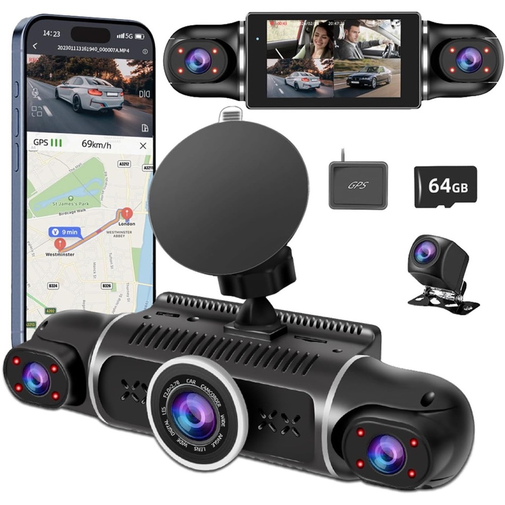 4-Camera Black Dash Cam with GPS and 64GB Storage